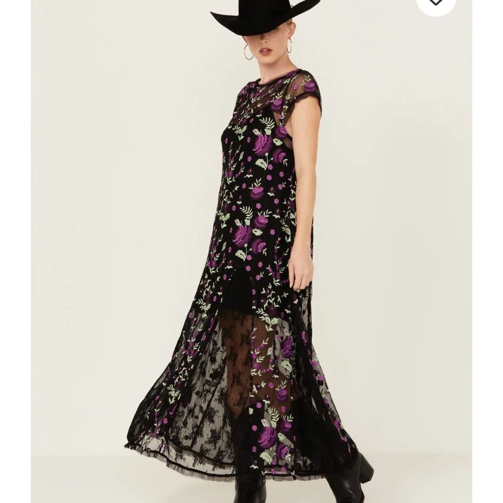 Free People Sky Bright Floral Embroidered Sheer Lace Overlay Midi Dress size XS